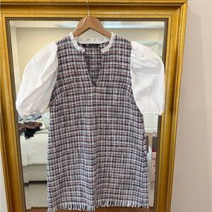 Zara Pink Black White Tweed Mini Dress with Puff Sleeves